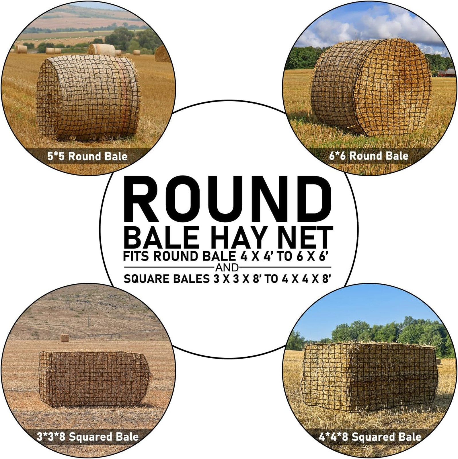Large Round Bale Hay Net, 6×6 Ft Sturdy Hay Net Slow Feed for Horses, Fits Round