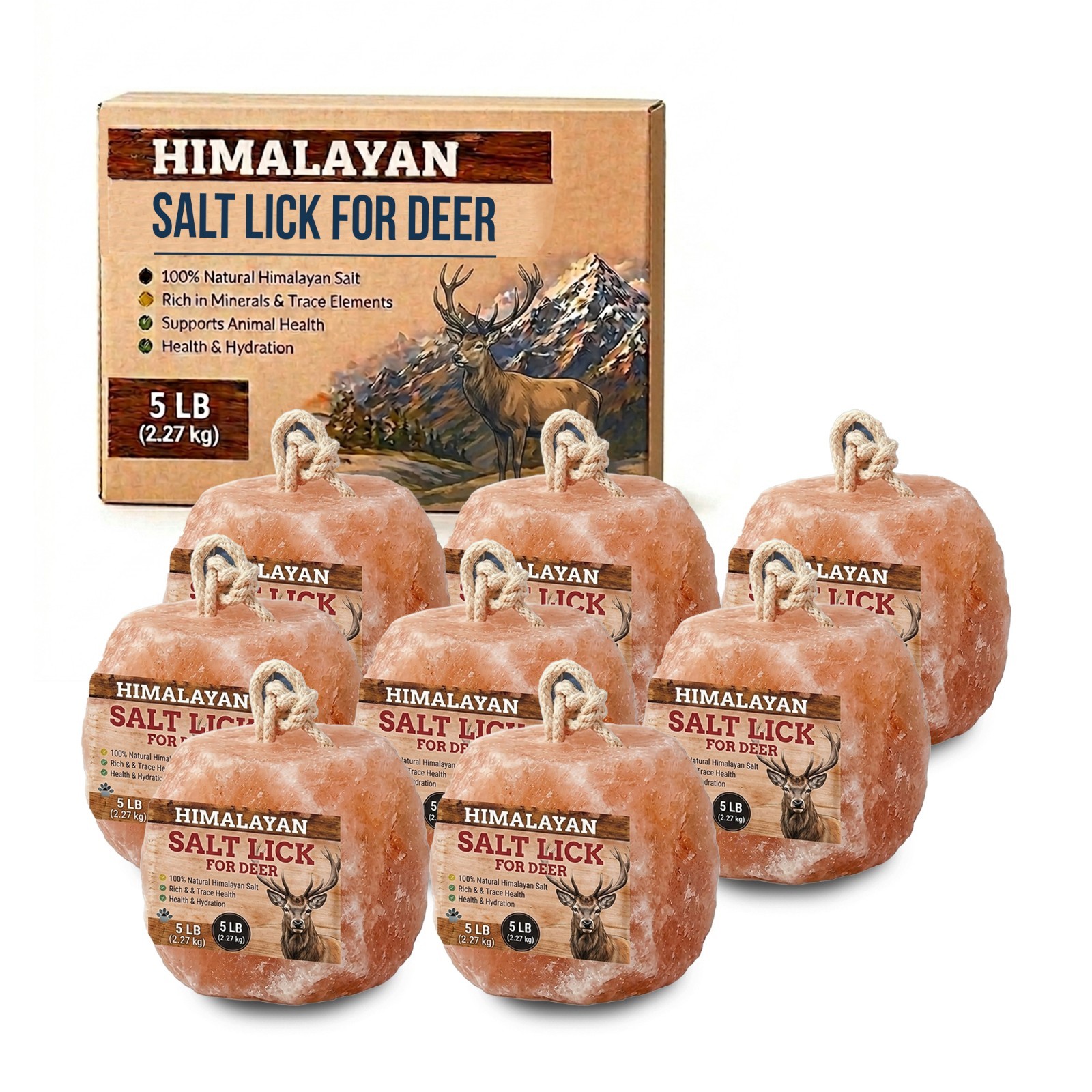 Himalayan Salt Block for Deer with Rope 5 Lb Salt Lick Deer Mineral Block 8 Pack