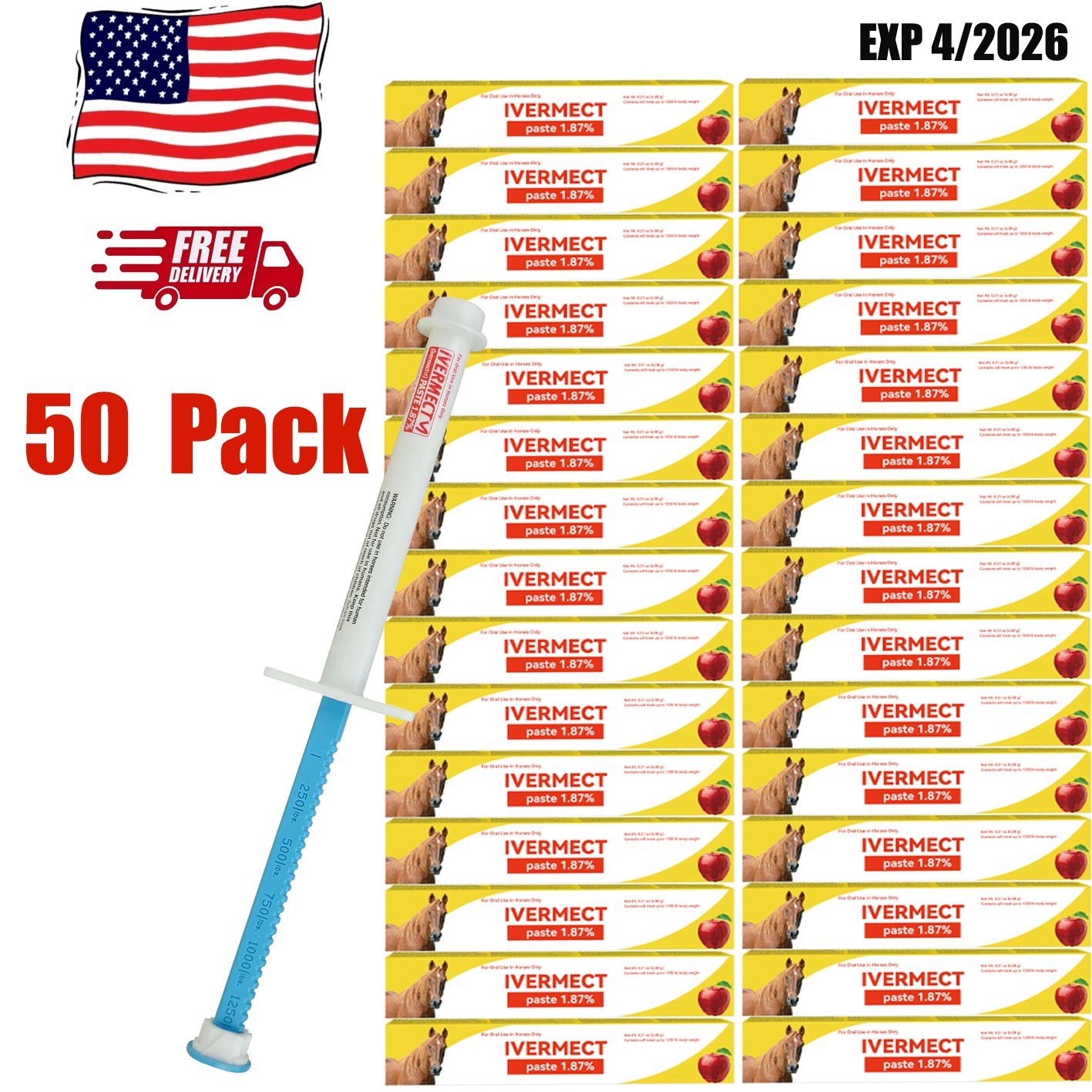 50 Pack Paste Horse Dewormer, Apple Flavor Wormer US Discount Price EXP1/2028
