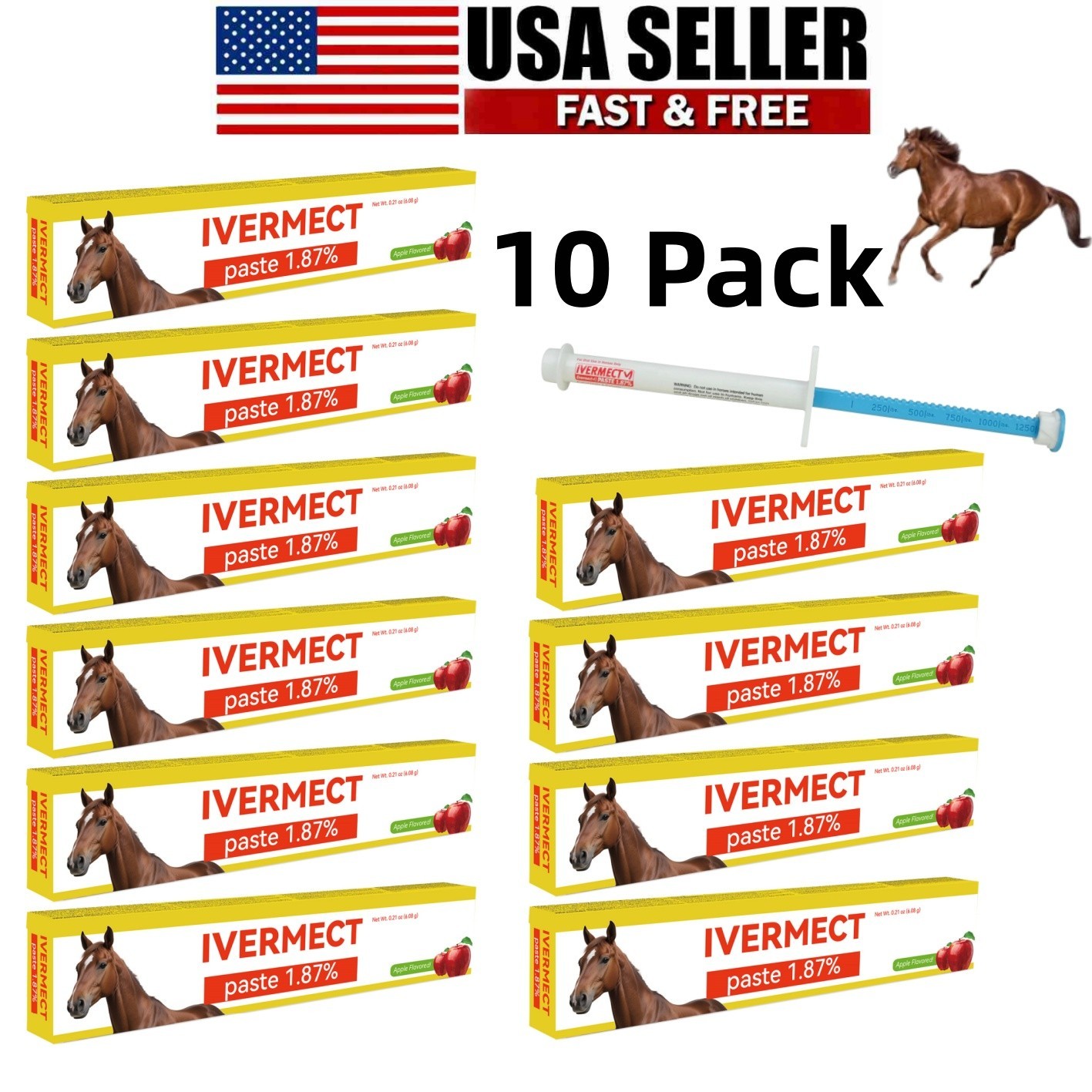 10 Pack New Paste Wormer Horse Dewormer Apple Flavor US Free Shipping EXP01/2028