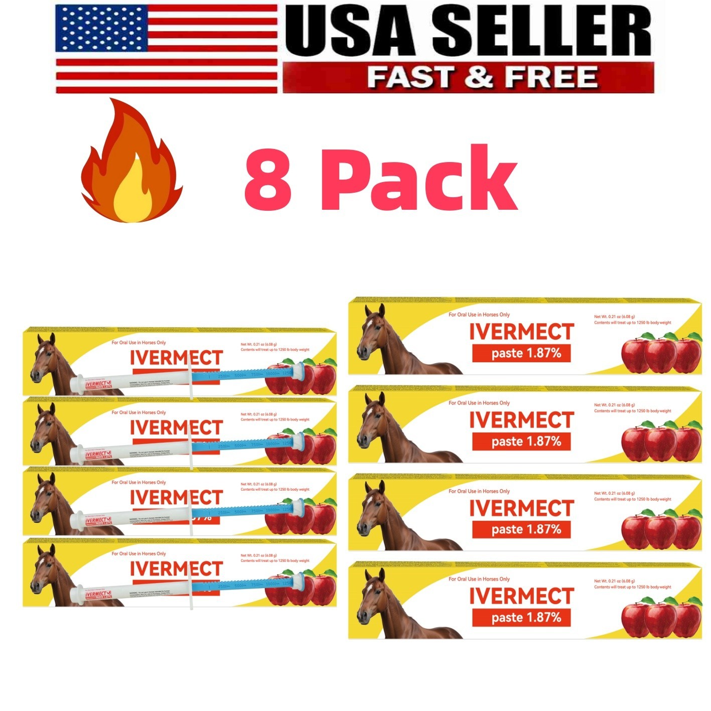 8 Pack Horse Dewormer Paste Apple Flavor Fast Free Exp 01/2028 US