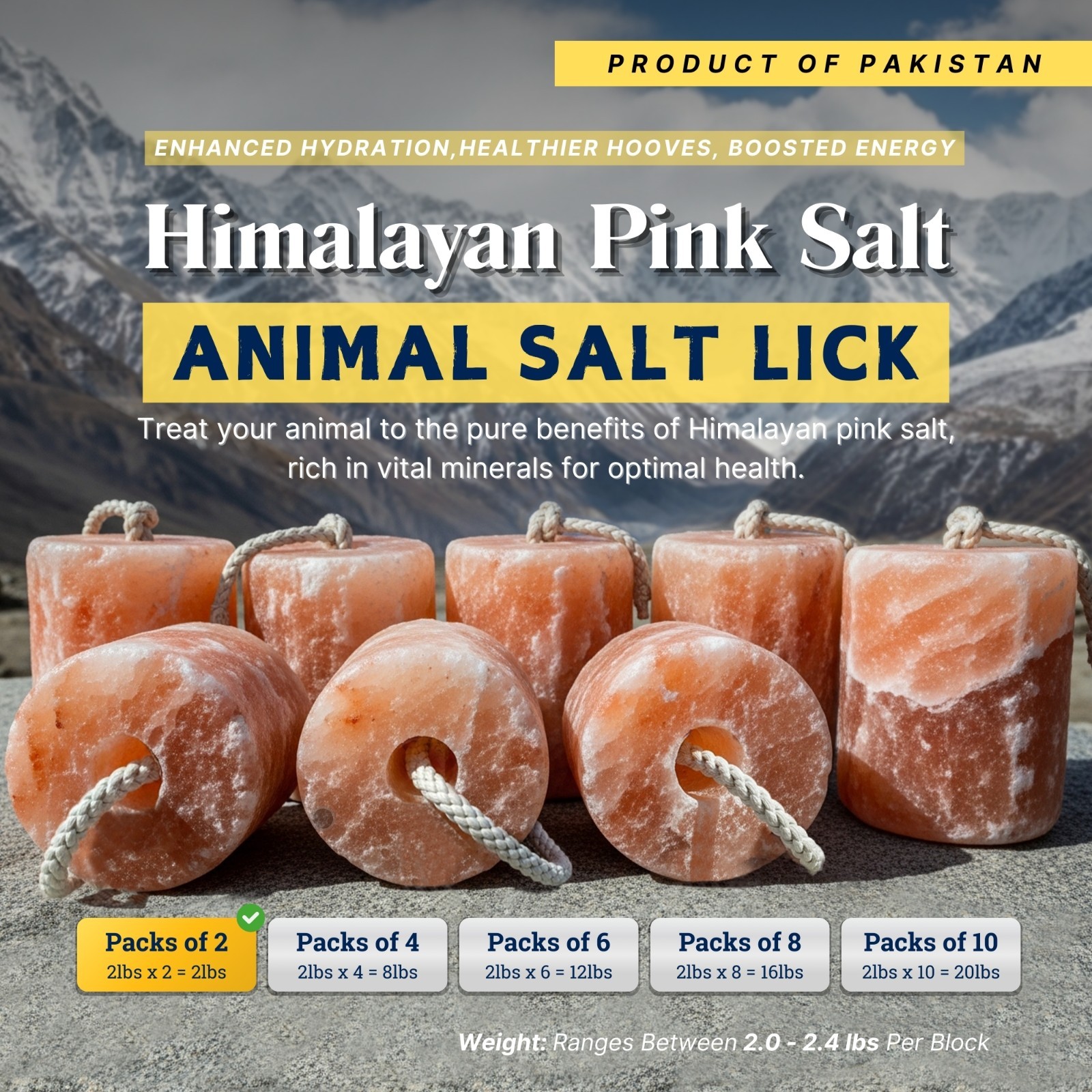 Himalayan Salt Lick 2lb Block w/ Rope – Livestock Use (Pack of 2, 4, 6, 8, 10)