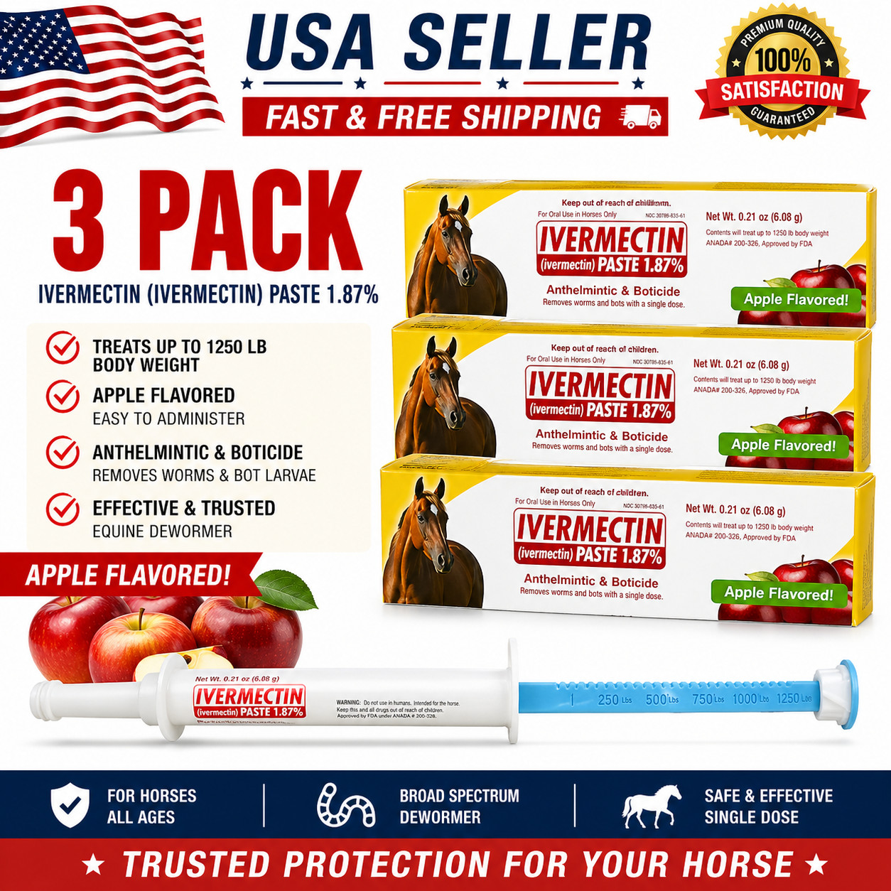 Pack of 3 Horse Dewormer Paste 1.87% Apple Exp 10/2027