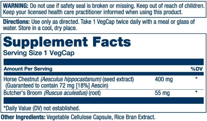 Horse Chestnut Seed Extract 400mg with Aescin & Butchers Broom – Vegan Capsules