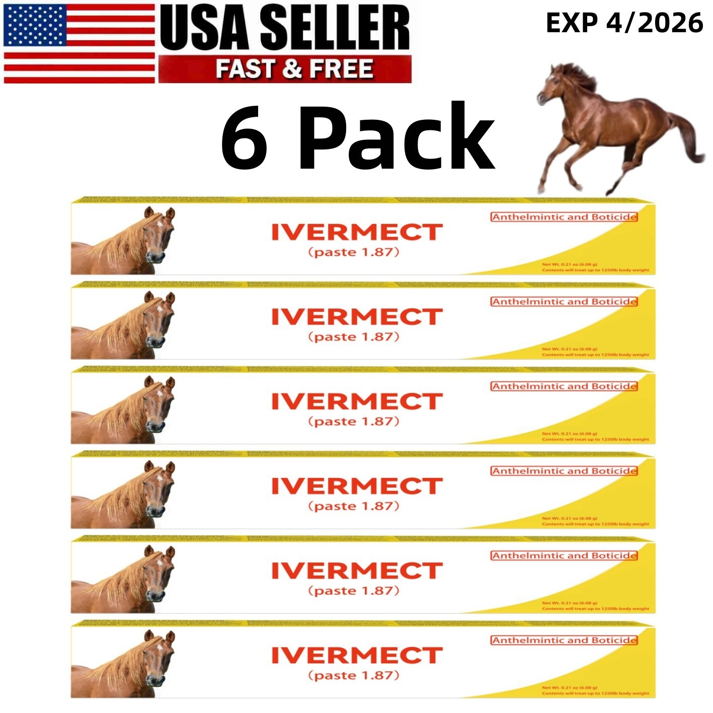 6 Pack Horse Wormer Paste Apple Flavor Fast Ship Exp 01/2028 Sale